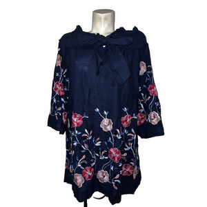 New Velzera Top Women's Size 3XL Blue Floral Embroidery Boho Flare Sleeve Tunic